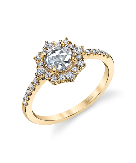 Designer rose cut diamond and diamond halo engagement ring by Parade Design.