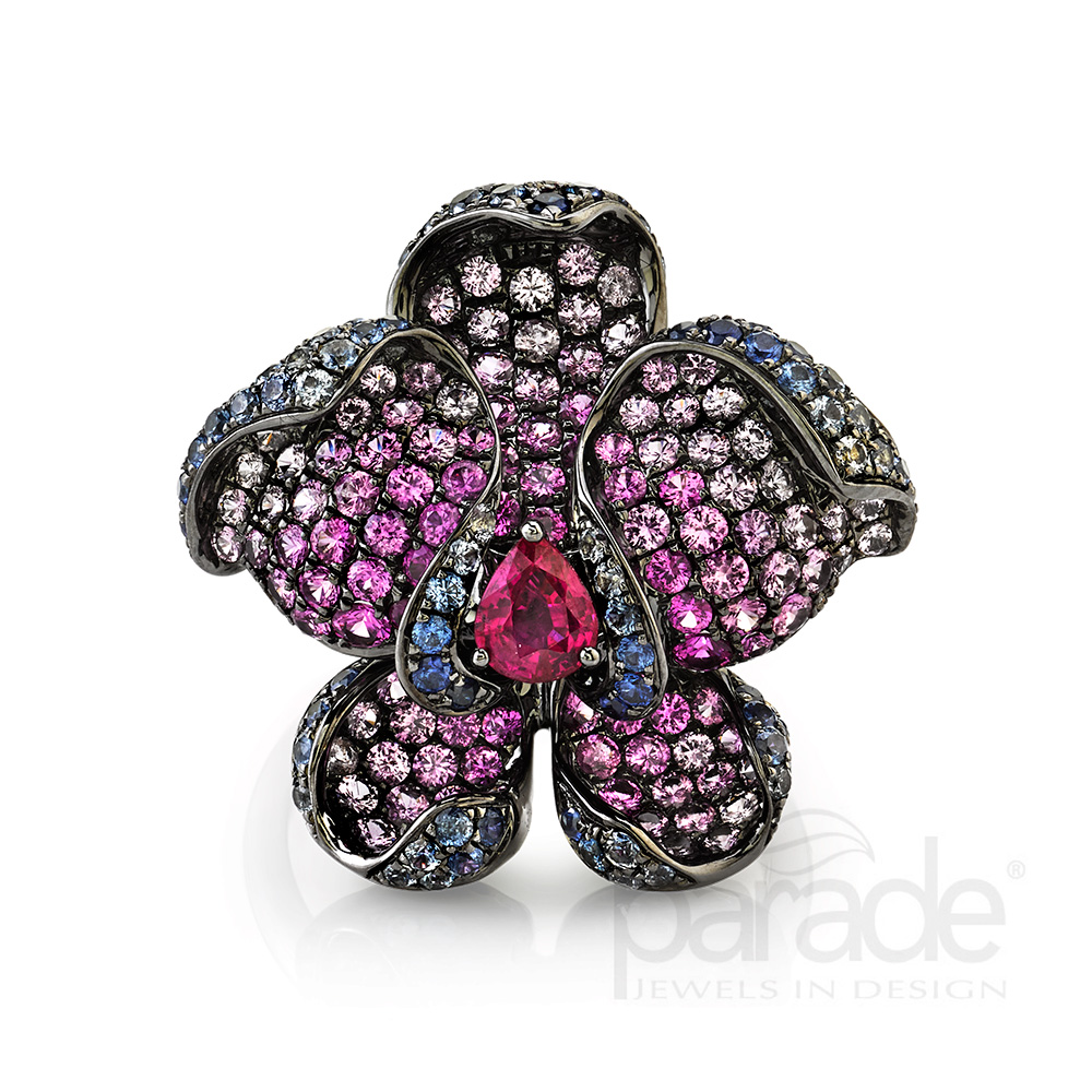 Sapphire and Ruby orchid ring.