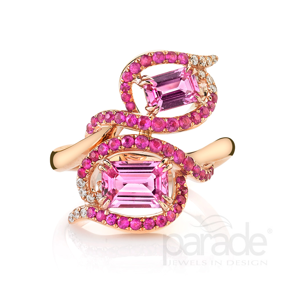 Diamond and pink sapphire fashion ring.
