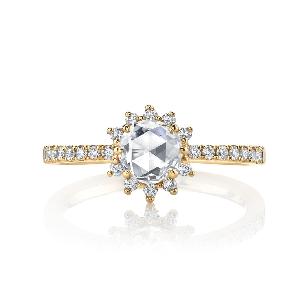 A designer diamond halo engagement ring with round rose-cut diamond by Parade Design.