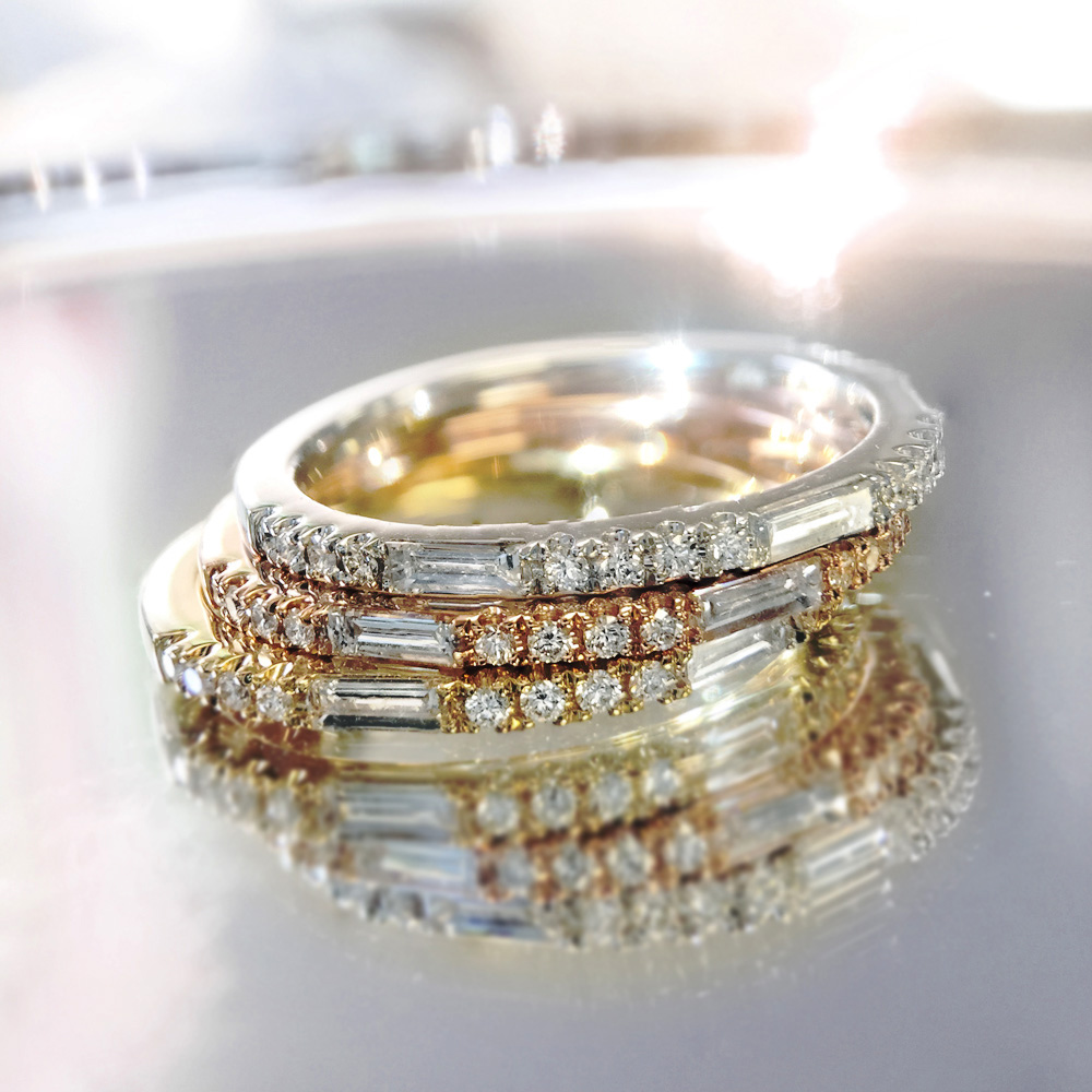 Designer diamond stackable ring by Parade Design featuring round and baguette diamonds.