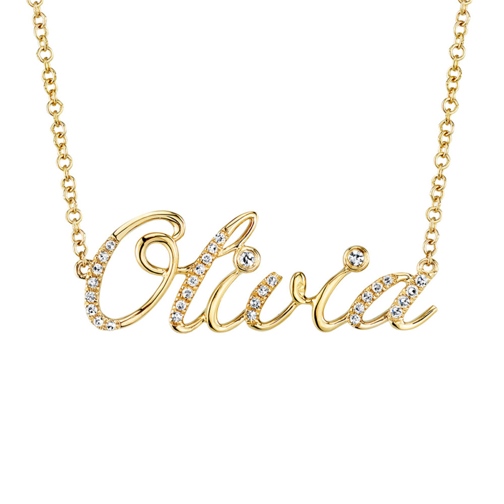 Custom personalized gold and diamond name necklace by Parade Design.